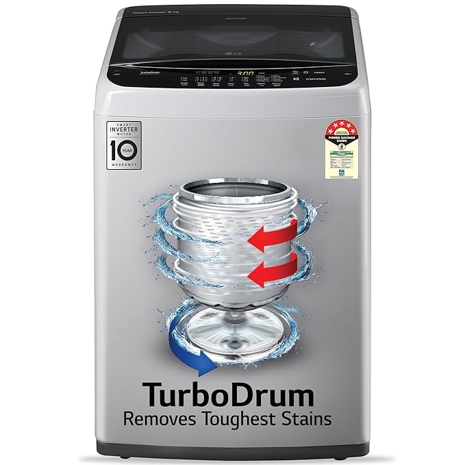 LG-T80SPSF2Z 8.0 Kg 5 Star Smart Inverter Fully-Automatic Top Loading Washing Machine , Middle Free Silver, Turbodrum), 8 Kg