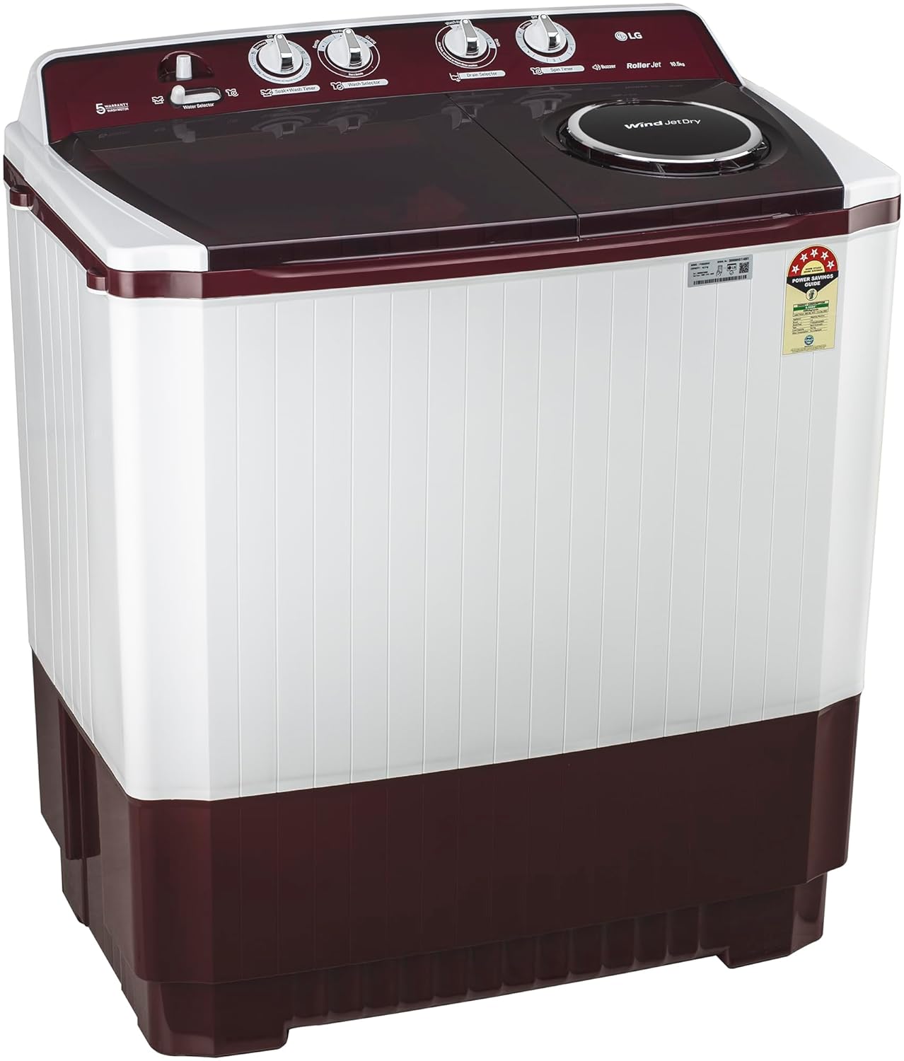 LG-P105ASRAZ 10.5 kg 5 Star Wind jet dry Semi-Automatic Top Load Washing Machine (Burgundy, Roller Jet Pulsator)