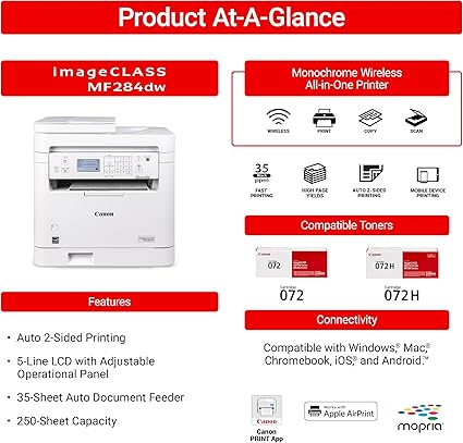 Canon imageCLASS MF284dw - Monochrome, Duplex, Wireless Laser Printer, Multifunction with Print, Copy, Scan, Auto Document Feeder