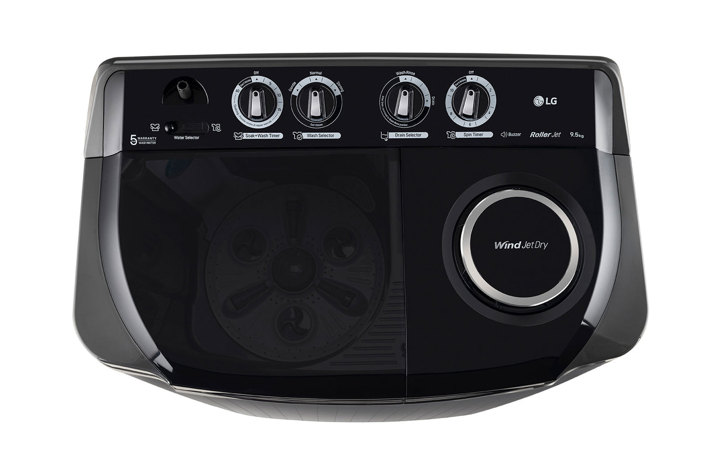 LG-P9555SKAZ 9.5Kg, Semi Automatic Top Load Washing Machine, Roller Jet Pulsator + Soak, Rat Away, Middle Black