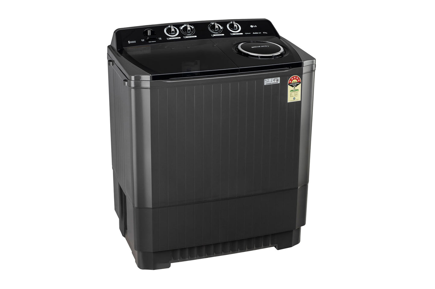 LG-P8535SLMZ 8.5Kg Semi Automatic Top Load Washing Machine, Roller Jet Pulsator + Soak, Full Black
