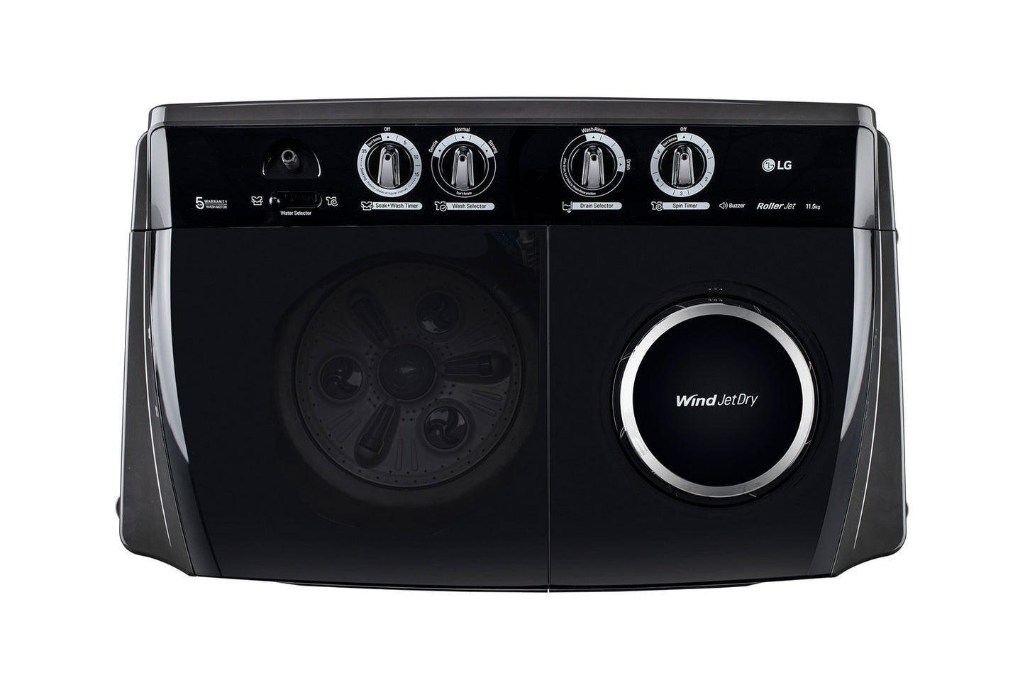 LG-P115ASLAZ 11.5Kg Semi Automatic Top Load Washing Machine, Roller Jet Pulsator + Soak, Full Black
