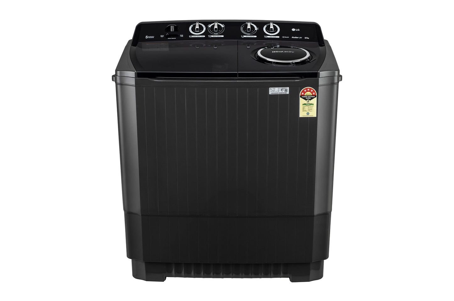 LG-P8535SLMZ 8.5Kg Semi Automatic Top Load Washing Machine, Roller Jet Pulsator + Soak, Full Black