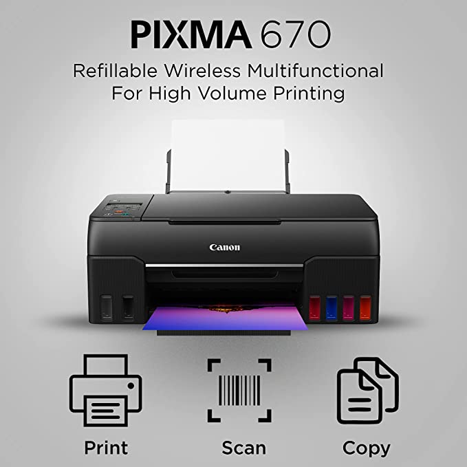 Canon PIXMA G670 All-in-One 6-Colour Inktank Wi-Fi Photo Printer, Black, Standard