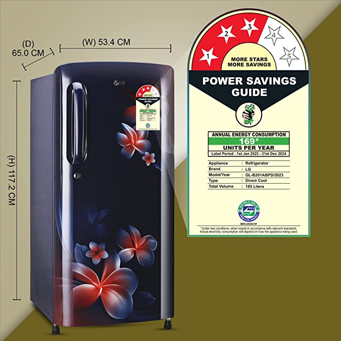 LG-GL-B201ABPD-185 L 3 Star Direct-Cool Single Door Refrigerator (Blue Plumeria, Moist 'N' Fresh, Gross Volume- 190 L)