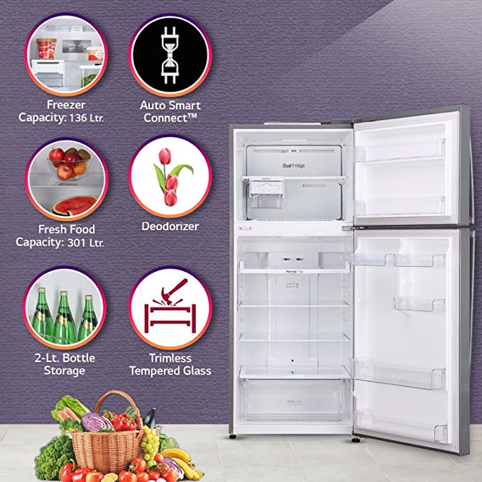 GL-T432APZY-LG 437 L 2 Star Frost-Free Smart Inverter Double Door Refrigerator (Shiny Steel, Convertible with Door Cooling+)2022 Model