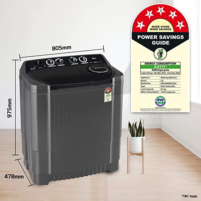 P8535SKMZ-LG 8.5 kg 5 Star Semi-Automatic Top Load Washing Machine Middle Black, Roller Jet Pulsator