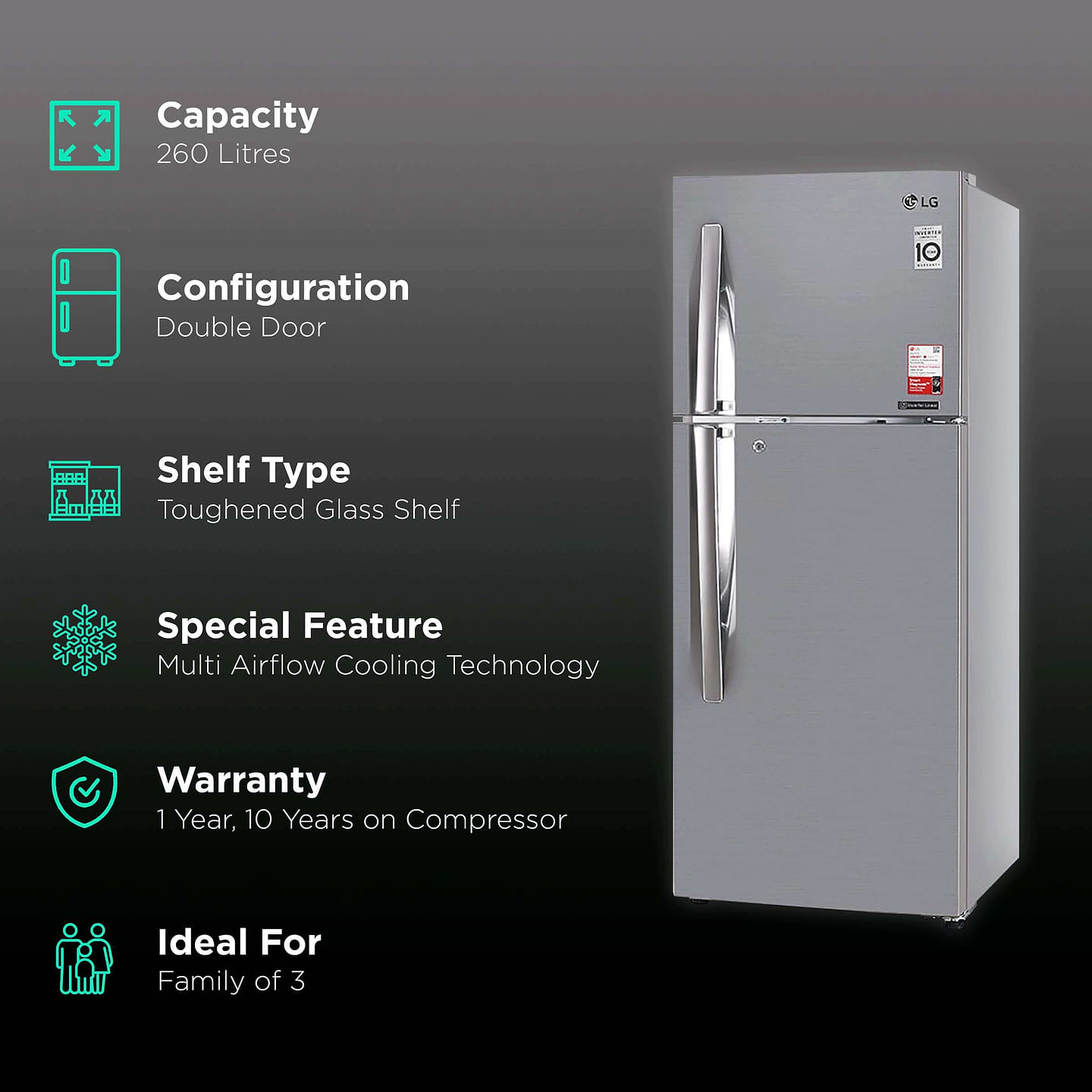 GL-S292RPZY-LG 260 Litres 2 Star Frost Free Double Door Convertible Refrigerator with Multi Air Flow System ( Shiny Steel)