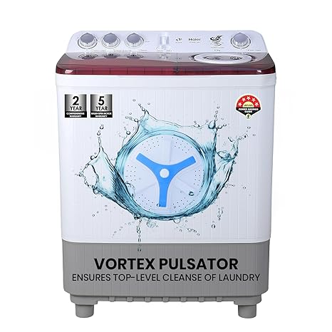 Haier-HTW85-186BBK 8.5 Kg 5 Star Oxyi Dry Technology Semi Automatic Top Loading Washing Machine ( Anti Bacterial Vortex Pulsator, Magic Filter, Rat Mesh, Maroon, White)