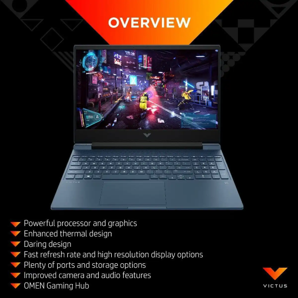 Victus Gaming Laptop 15 (39.62 cm) fa0350TX 12th Generation Intel® Core™ i5 processor| Windows 11 Home| 15.6 diagonal FHD display| NVIDIA® GeForce RTX™ 3050| 512 GB PCIe® NVMe™ TLC M.2 SSD| 8 GB DDR4-3200 MHz RAM (1 x 8 GB)| TNR for better video calling