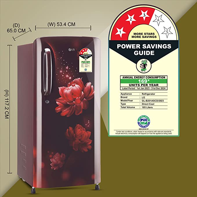 GL-B201ASCD-LG 185 L 3 Star Direct-Cool Single Door Refrigerator ( Scarlet Charm, Moist 'N' Fresh)